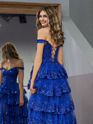 Royal Blue Princess A Line Off the Shoulder Corset Prom Dress with Lace Ruffles – Prom Dress by KissProm | Available at KissProm