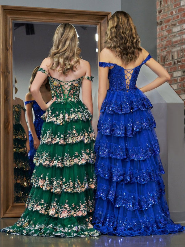 Royal Blue Princess A Line Off the Shoulder Corset Prom Dress with Lace Ruffles – Prom Dress by KissProm | Available at KissProm