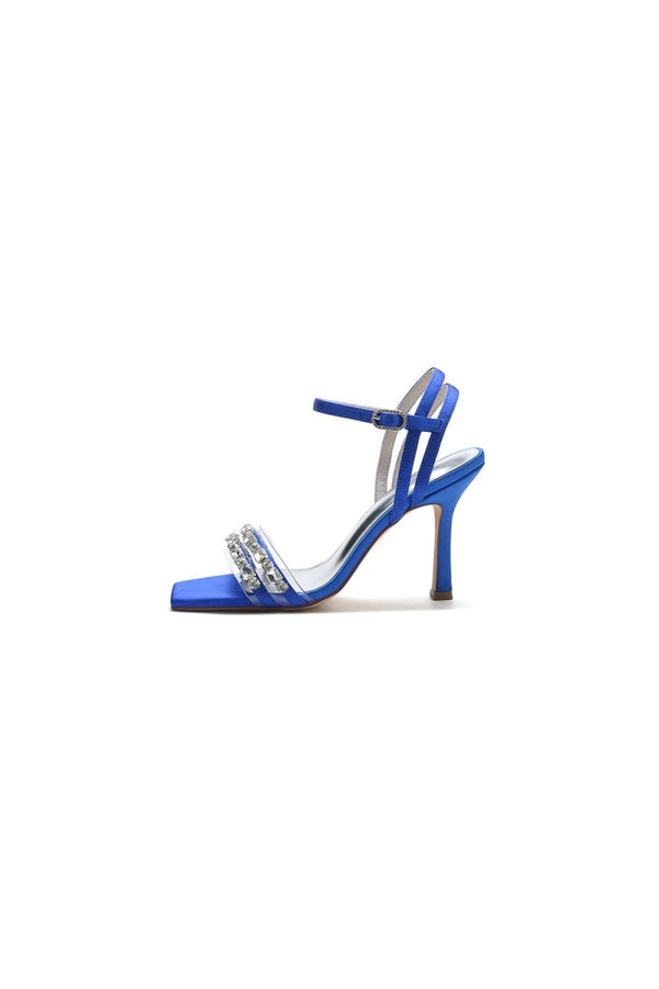 Royal Blue Satin Heels with Double Crystal Straps - KissProm