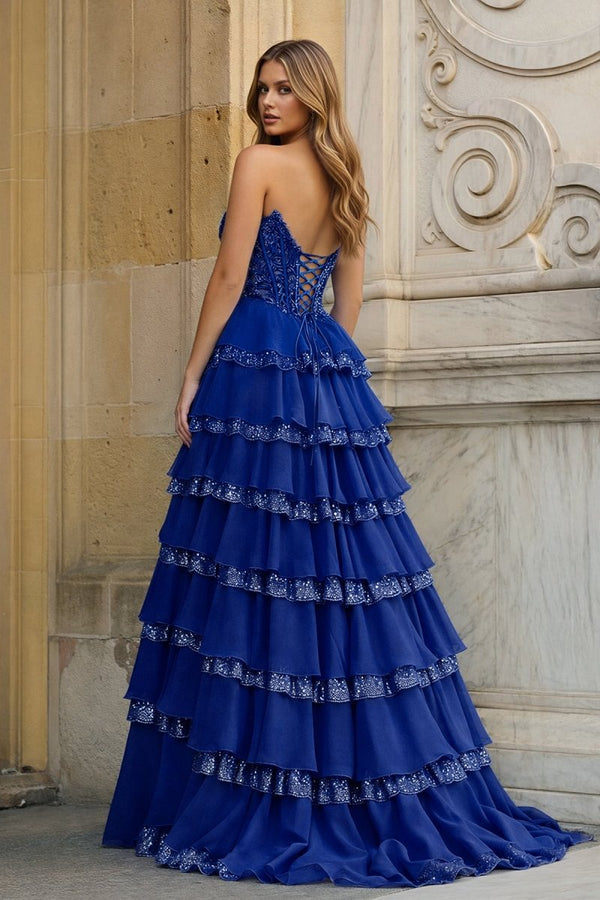 Sky Blue Sweetheart A Line Sequined Lace Ruffled Long Prom Dresses With Appliques – Prom Dress by KissProm | Available at KissProm