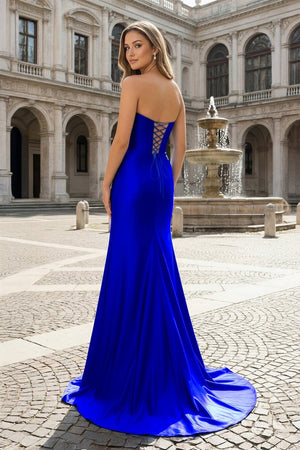 Royal Blue Sweetheart Satin Mermaid Long Prom Dresses with Beading - KissProm