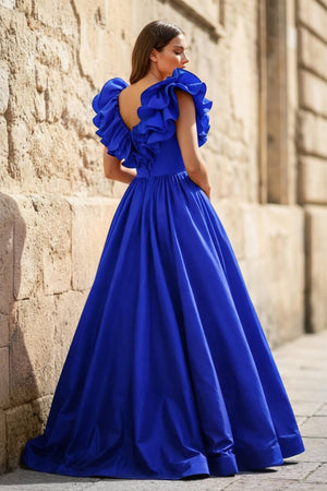 Red Ruffle V Neck Satin A - Line Long Prom Dresses - KissProm