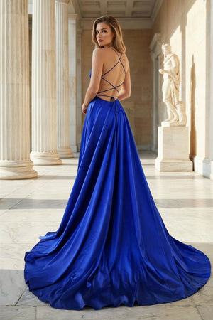 Pink Spaghetti Straps Satin Backless A Line Prom Dress With Pockets - KissProm