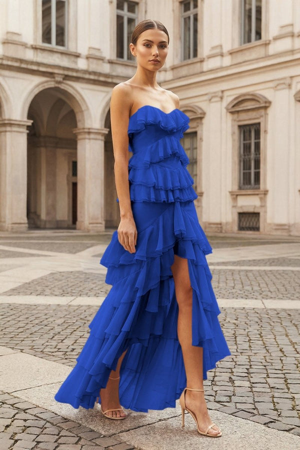 Pink Strapless Sheath Chiffon Ruffled Long Prom Dresses – Prom Dress by KissProm | Available at KissProm