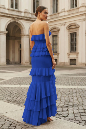 Pink Strapless Sheath Chiffon Ruffled Long Prom Dresses – Prom Dress by KissProm | Available at KissProm