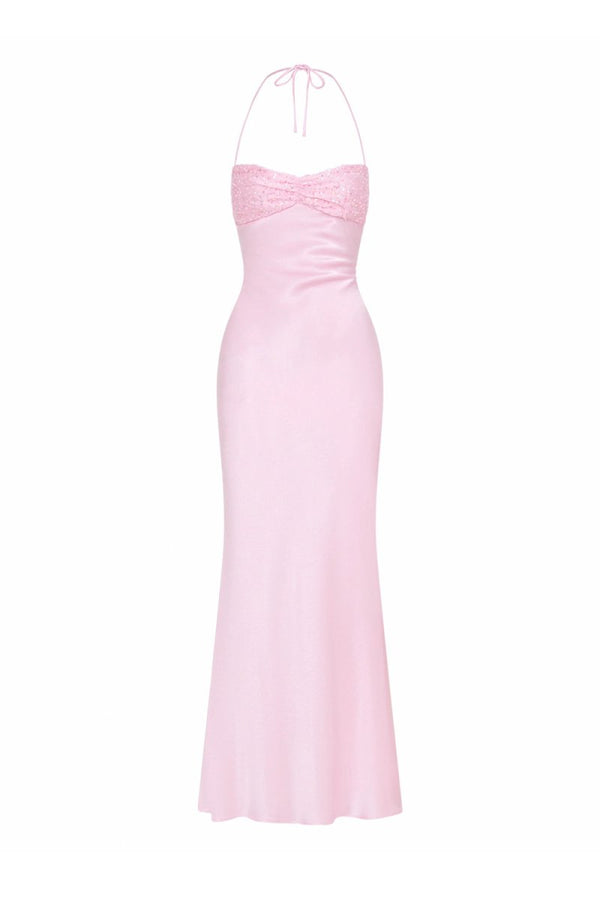 Pink - Halter Sheath Satin Long Prom Dresses With Sequins – Prom Dresses by KissProm | Available at KissProm