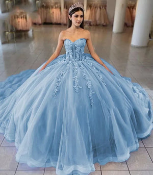 Sky Blue Ball-Gown Tulle 3D Flowers Sweetheart Quinceanera Dresses – Quinceanera Dresses by KissProm | Available at KissProm