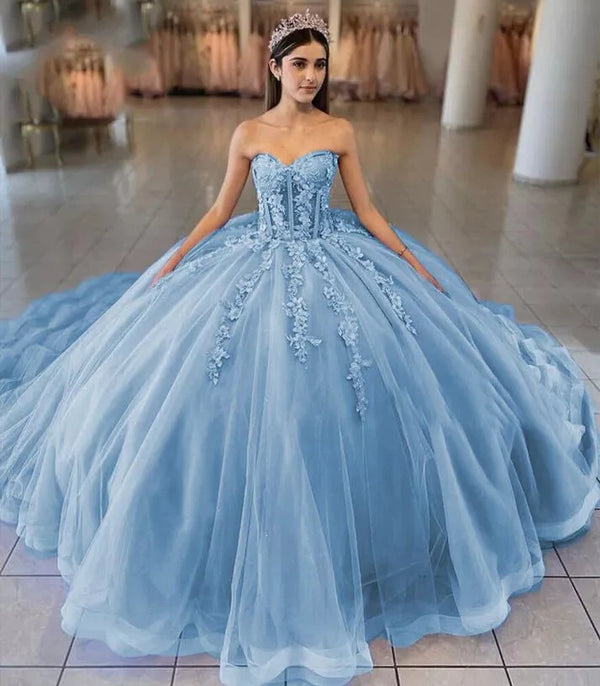 Sky Blue Ball-Gown Tulle 3D Flowers Sweetheart Quinceanera Dresses – Quinceanera Dresses by KissProm | Available at KissProm