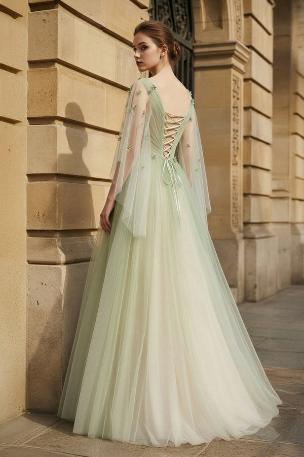 Sage Long Sleeves A Line Tulle Prom Dress With Appliques – Prom Dresses by KissProm | Available at KissProm
