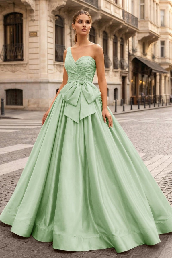 One Shoulder Satin A Line Prom Dress With Bow - KissProm