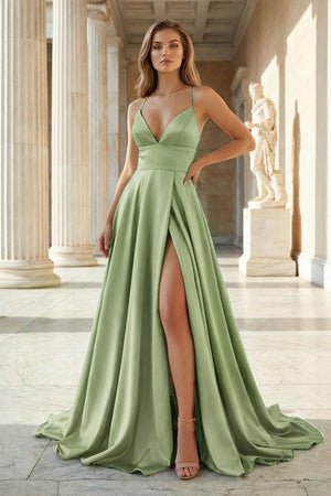 Pink Spaghetti Straps Satin Backless A Line Prom Dress With Pockets - KissProm