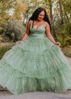 Amanda| A-Line Spaghetti Straps Long Tiered Tulle Prom Dress With Split