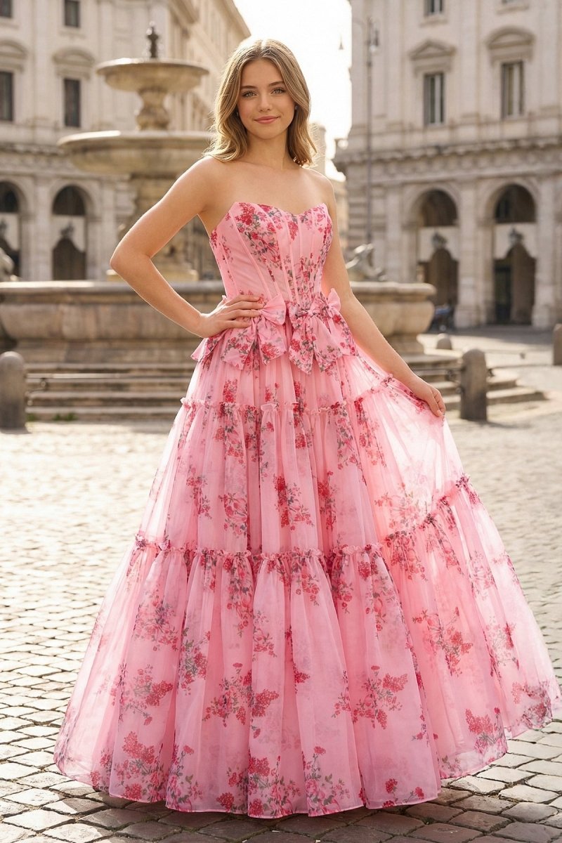 Pink Sweetheart Chiffon A Line Floral Tiered Prom Dress With Bow - KissProm