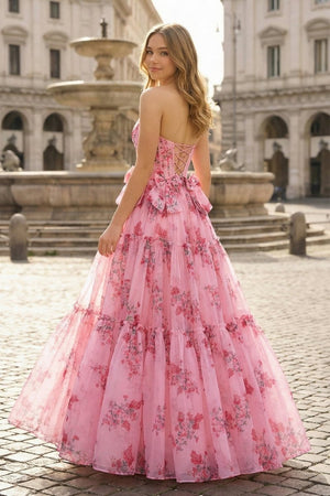 Pink Sweetheart Chiffon A Line Floral Tiered Prom Dress With Bow - KissProm