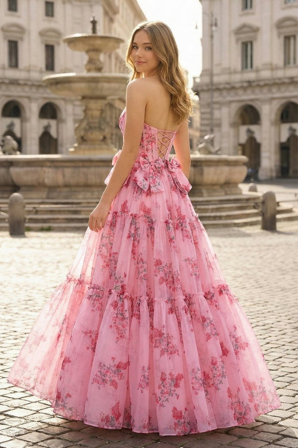 Pink Sweetheart Chiffon A Line Floral Tiered Prom Dress With Bow - KissProm