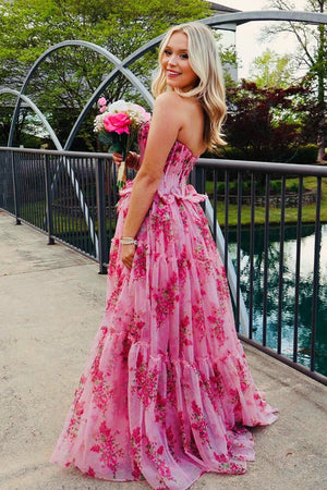 Santiago | Pink Strapless Chiffon A Line Floral Tiered Prom Dress With Bow