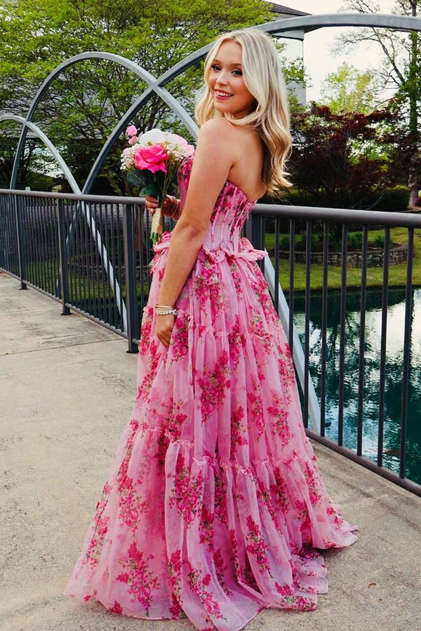 Santiago | Pink Strapless Chiffon A Line Floral Tiered Prom Dress With Bow
