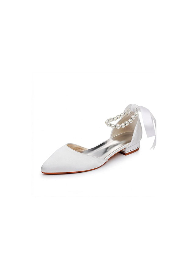 Satin Beaded Ribbon Low Heels Bridal Shoes - KissProm