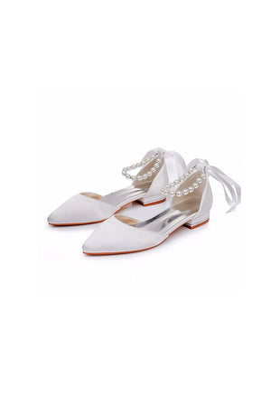 Satin Beaded Ribbon Low Heels Bridal Shoes - KissProm