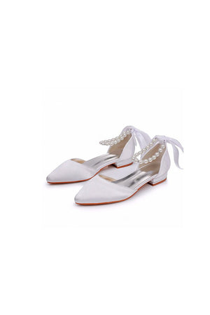 Satin Beaded Ribbon Low Heels Bridal Shoes - KissProm