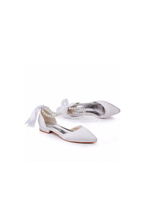 Satin Beaded Ribbon Low Heels Bridal Shoes - KissProm