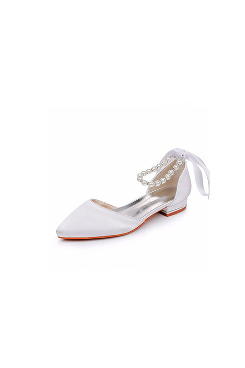 Satin Beaded Ribbon Low Heels Bridal Shoes - KissProm