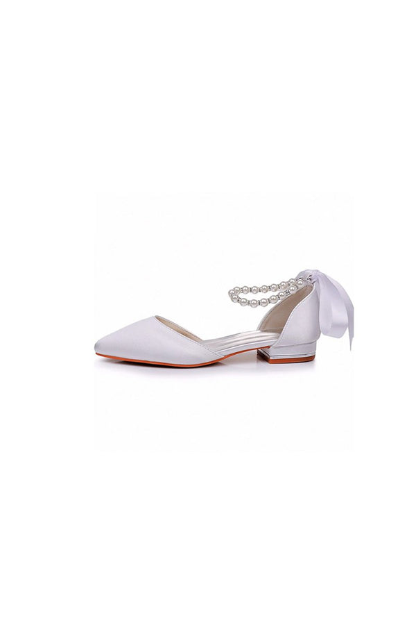 Satin Beaded Ribbon Low Heels Bridal Shoes - KissProm