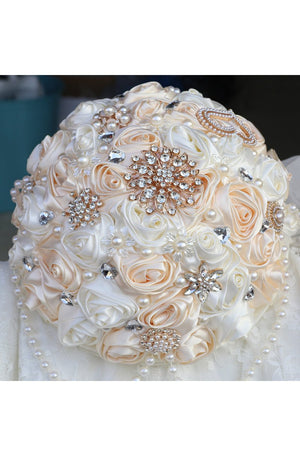 Satin Pearl String Cascade Wedding Flower Bouquets with Rhinestone - KissProm