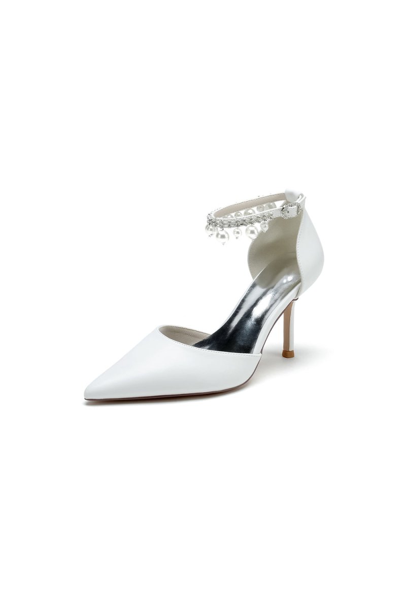 Satin Pointed Toe Pearl Beaded Ankle Strap Simple Wedding Shoes - KissProm