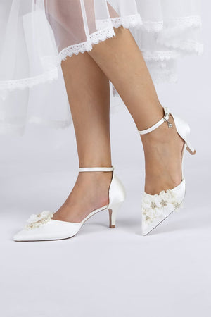 Satin Wedding Shoes Stiletto Heel With Rhinestone Flower - KissProm