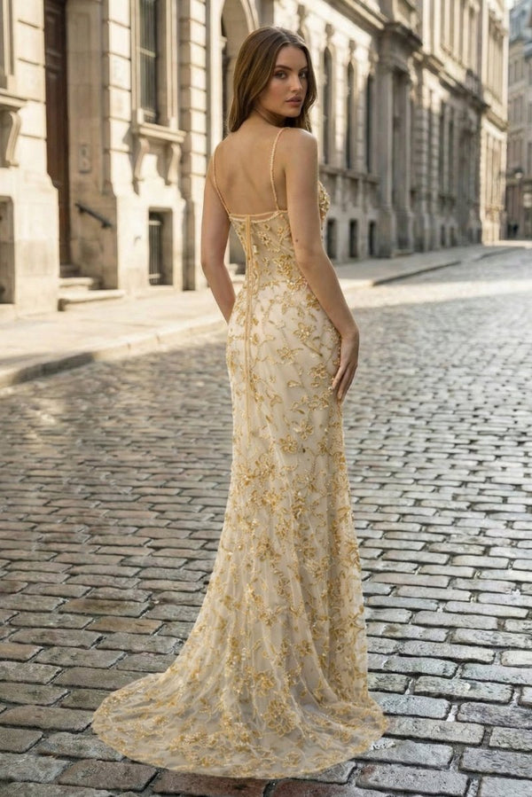Champagne - Spaghetti Straps Mermaid Sequined Lace Long Formal Prom Dresses - KissProm