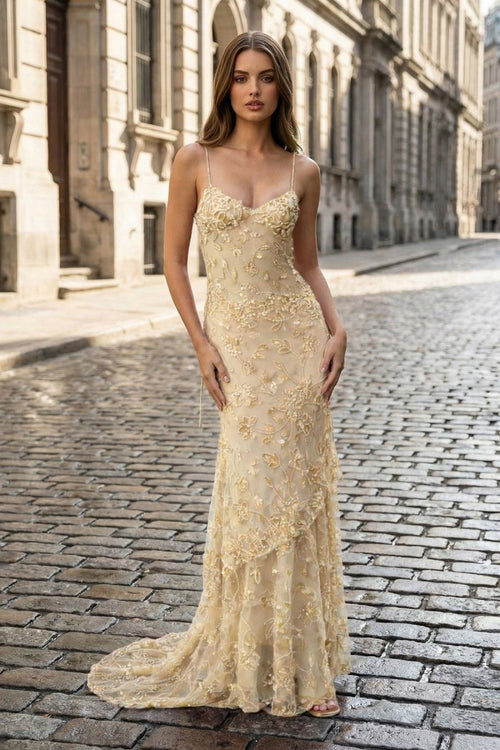 Champagne - Spaghetti Straps Mermaid Sequined Lace Long Formal Prom Dresses - KissProm