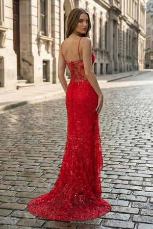 Red - Spaghetti Straps Mermaid Sequined Lace Long Formal Prom Dresses - KissProm