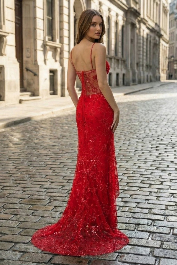 Red - Spaghetti Straps Mermaid Sequined Lace Long Formal Prom Dresses - KissProm