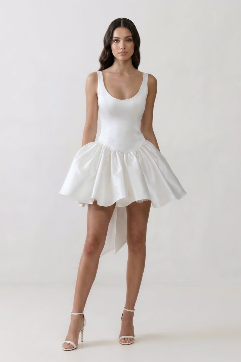 Scoop Neck A - Line Satin Graduation Dress With Bow - KissProm