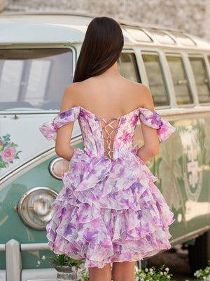 Seliora | Purple - A Line Off the Shoulder Floral Ruffles Short Homecoming Dresses