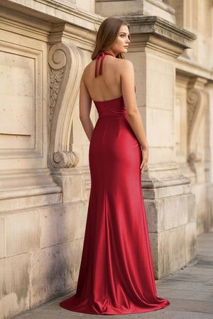 Floral Applique Halter Fuchsia Mermaid Prom Dress with Cut - out - KissProm