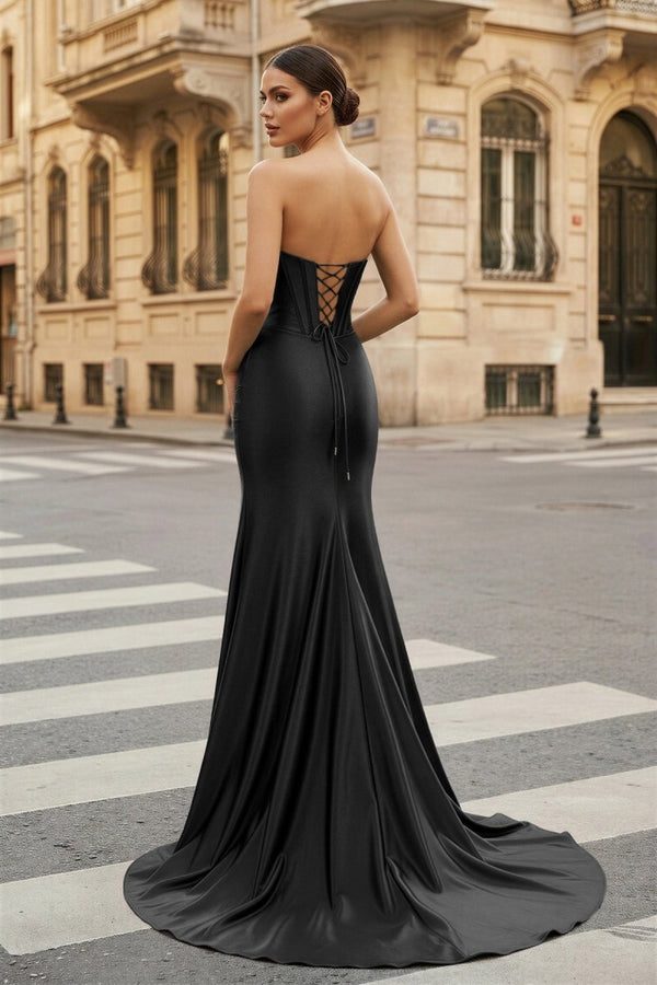 Dark Green Strapless Sheath Satin Long Prom Dress With Split - KissProm