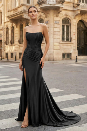 Dark Green Strapless Sheath Satin Long Prom Dress With Split - KissProm