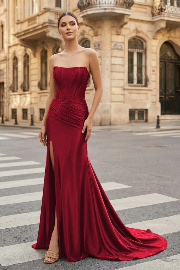 Dark Green Strapless Sheath Satin Long Prom Dress With Split - KissProm