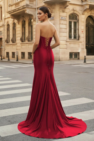 Dark Green Strapless Sheath Satin Long Prom Dress With Split - KissProm