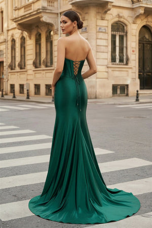 Dark Green Strapless Sheath Satin Long Prom Dress With Split - KissProm