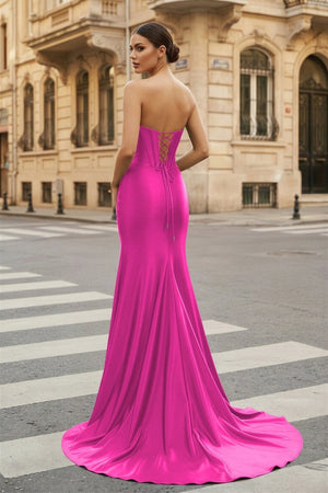 Dark Green Strapless Sheath Satin Long Prom Dress With Split - KissProm