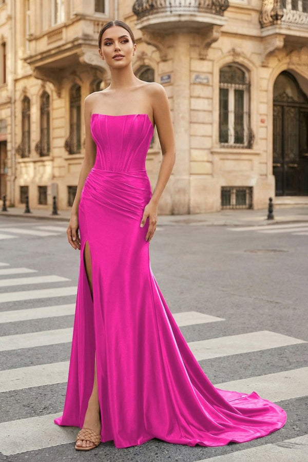 Dark Green Strapless Sheath Satin Long Prom Dress With Split - KissProm