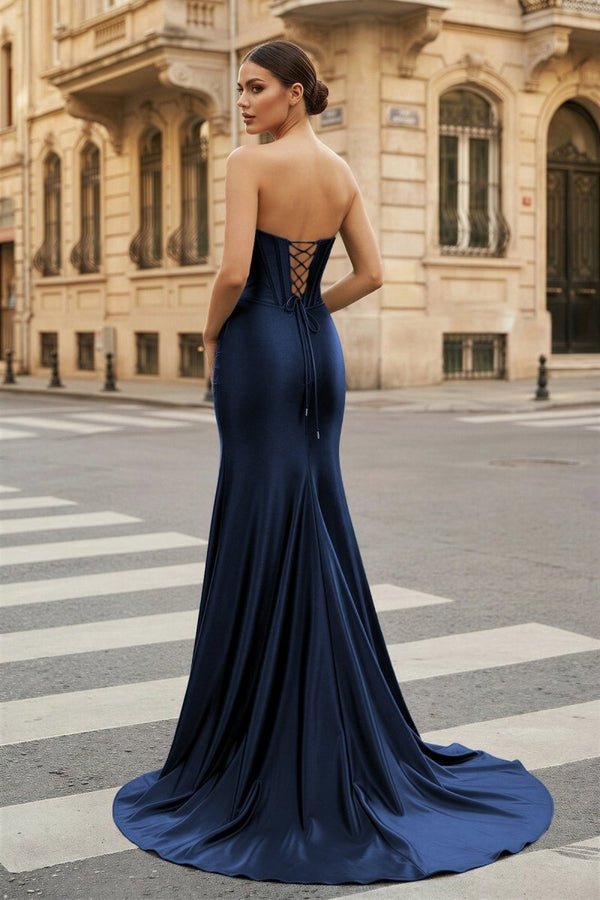 Dark Green Strapless Sheath Satin Long Prom Dress With Split - KissProm