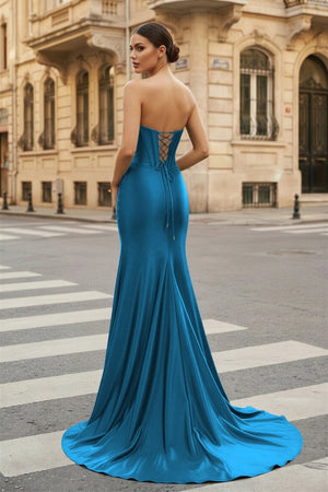 Dark Green Strapless Sheath Satin Long Prom Dress With Split - KissProm