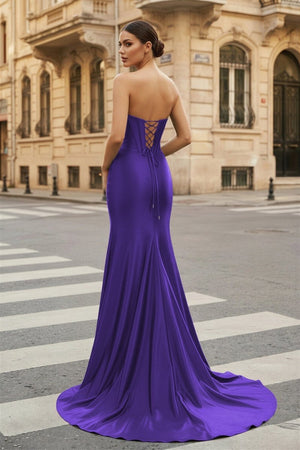 Dark Green Strapless Sheath Satin Long Prom Dress With Split - KissProm
