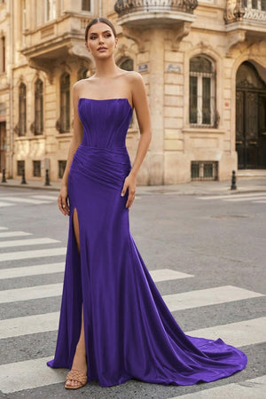 Dark Green Strapless Sheath Satin Long Prom Dress With Split - KissProm