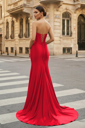 Dark Green Strapless Sheath Satin Long Prom Dress With Split - KissProm