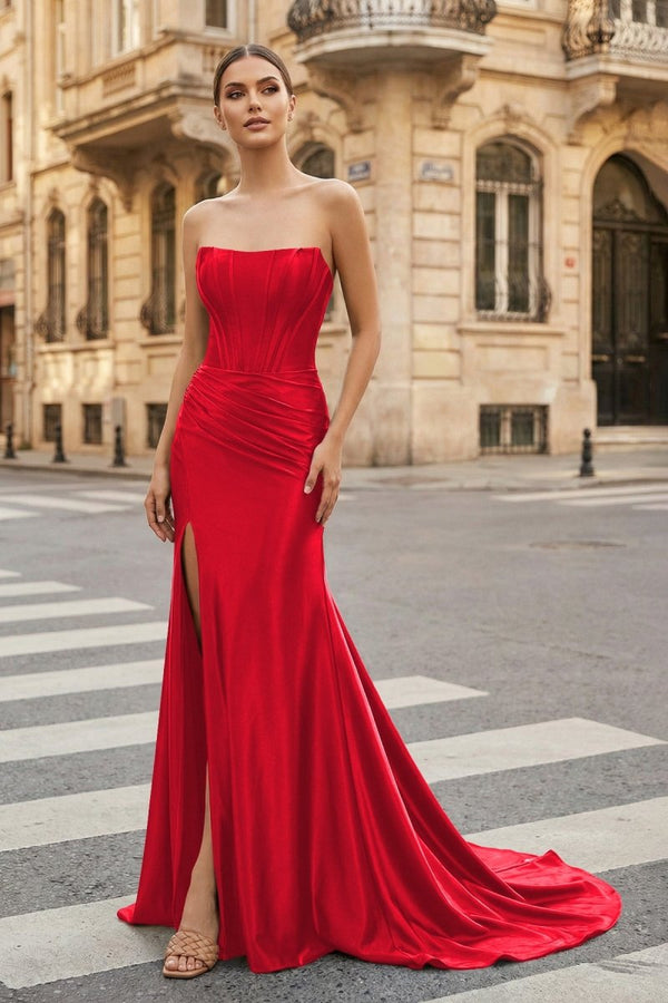 Dark Green Strapless Sheath Satin Long Prom Dress With Split - KissProm
